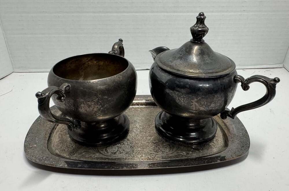 Wm. Rogers Silverplate Sugar Bowl Creamer & Tray Set